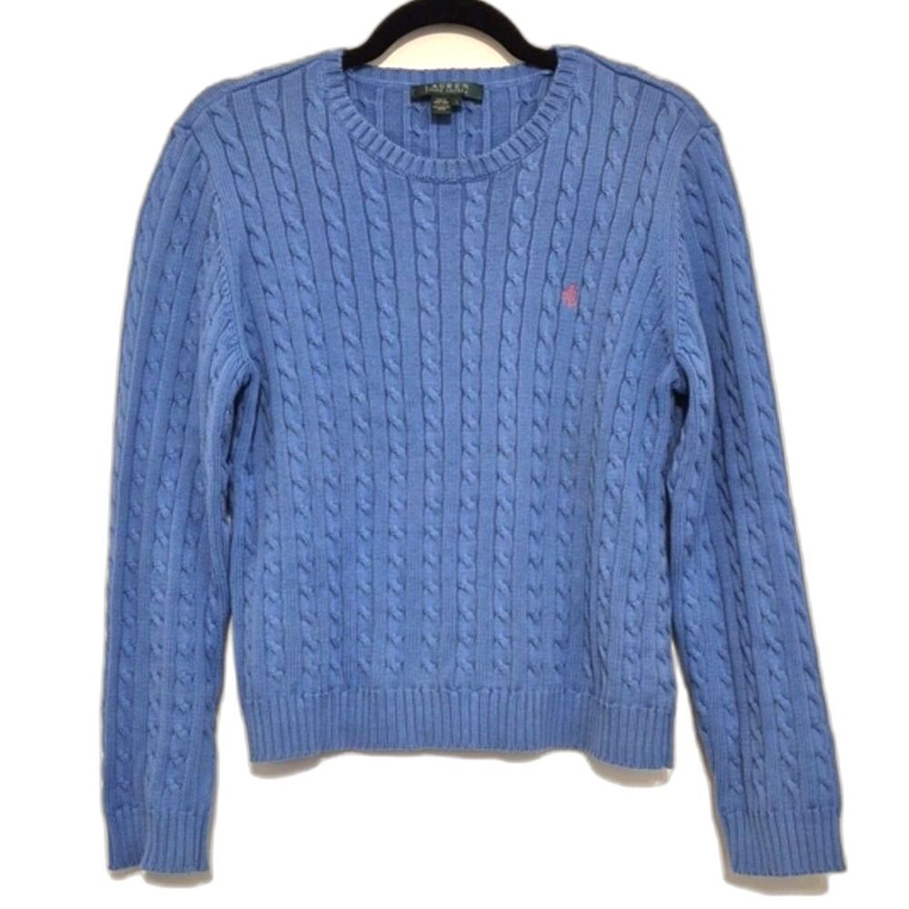 Lauren Ralph Lauren Cable Knit Sweater L Blue 100 % Cotton Pink LRL Logo Classic